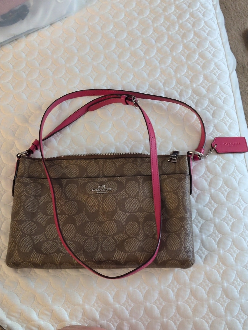 Coach Brown Signature Crossbody with Pink Strap